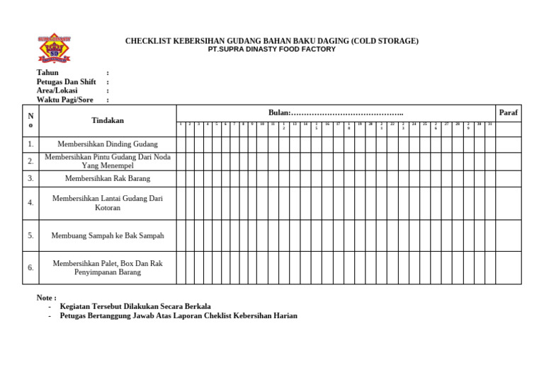 Checklist Kebersihan Cold Storage Daging | PDF