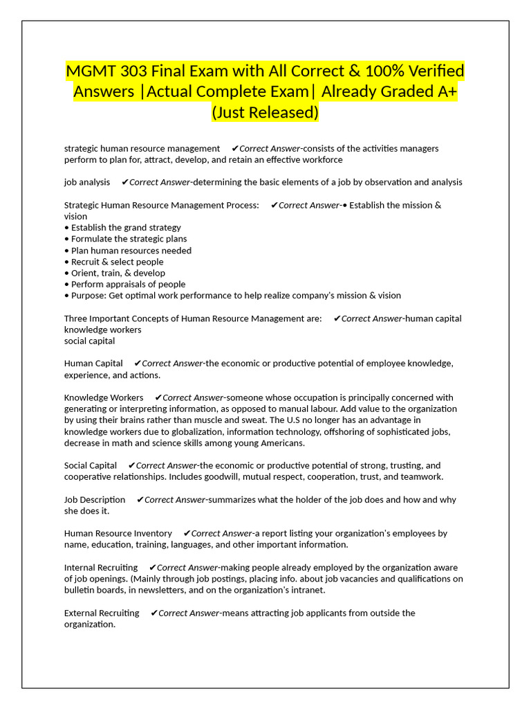 MGMT 303 Final Exam With All Correct & 100% Verified Answers Actual ...