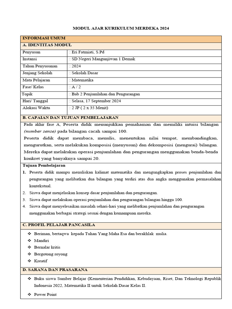 Modul Ajar Matematika Kelas 2 2024 | PDF
