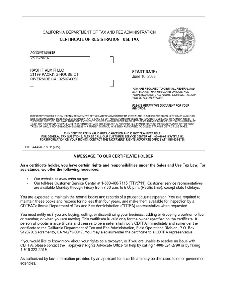 California Use Tax Registration Certificate | PDF | Taxes | Use Tax