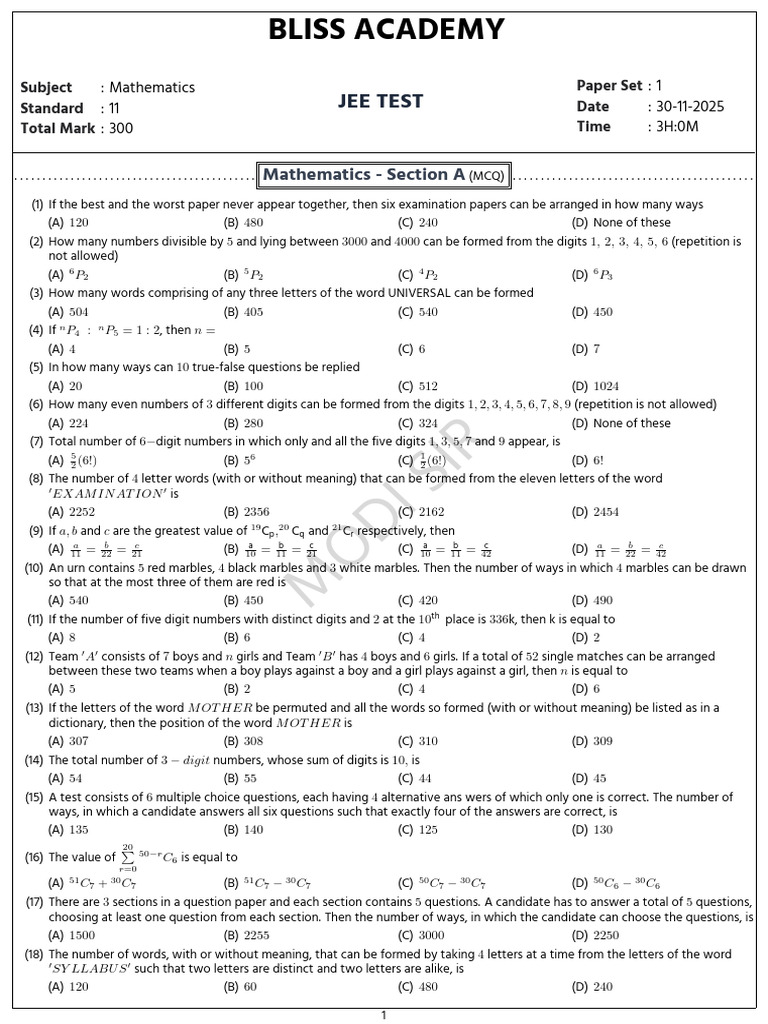 JEE Mathematics Test Paper Set 1 | PDF | Euclidean Geometry | Arithmetic