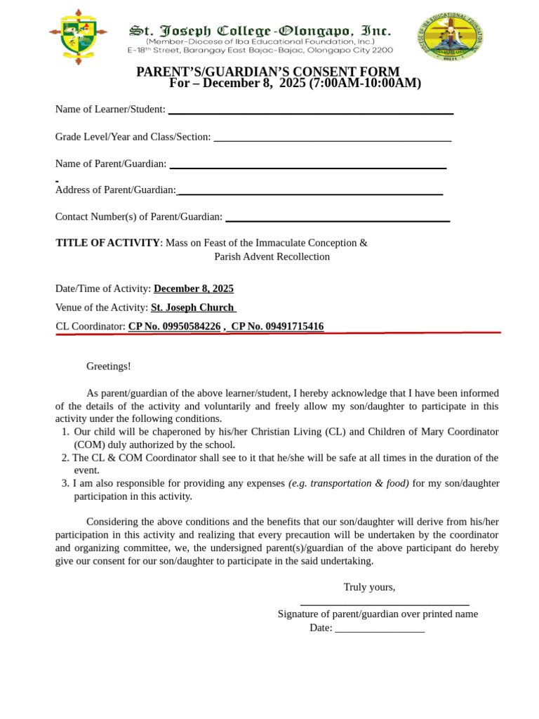 Parent Consent for Advent Activity | PDF