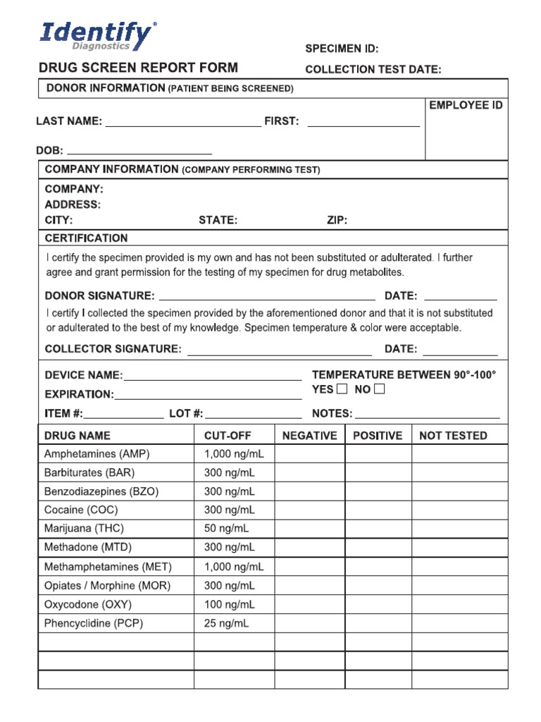 10 Panel Drug Test Cup Printable Results Form IDENTIFY DIAGNOSTICS | PDF