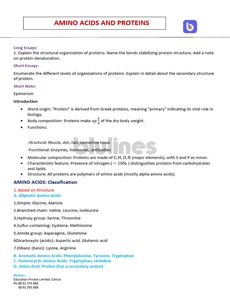 Protein Structure and Amino Acids Guide | PDF | Amino Acid | Cysteine