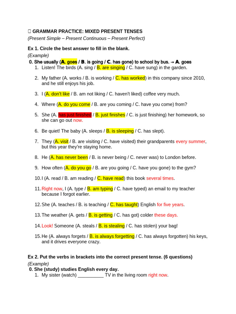 Mixed Present Tenses Grammar Exercises | PDF | Syntax | Linguistics