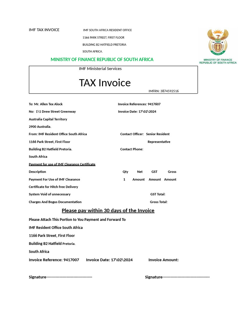 IMF Tax Invoice for Clearance Certificate | PDF