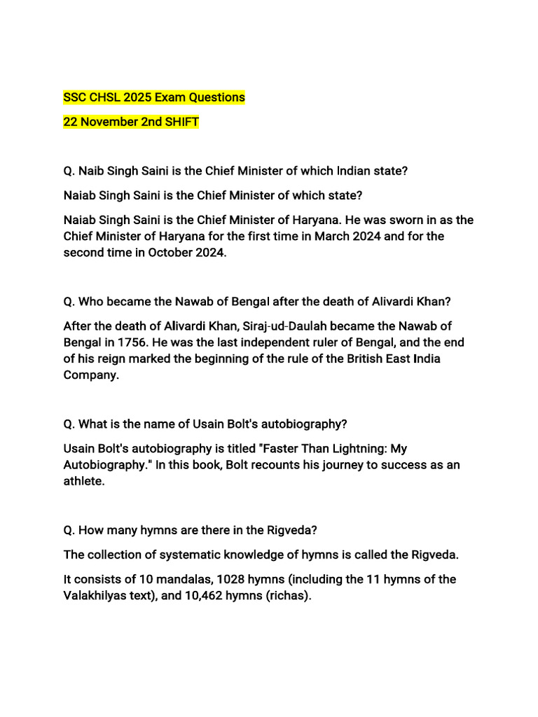 SSC CHSL 2025 Exam Questions Overview | PDF