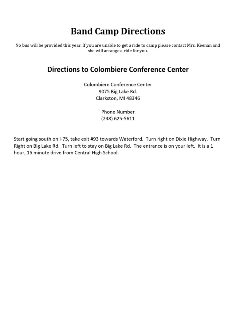 Band Camp Directions and Transportation | PDF