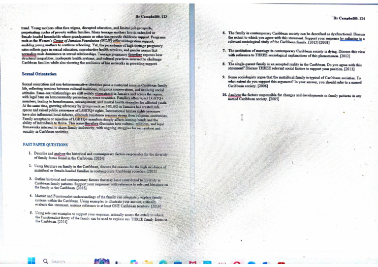 Unit 1 Sociology Past Paper Questions On Family | PDF