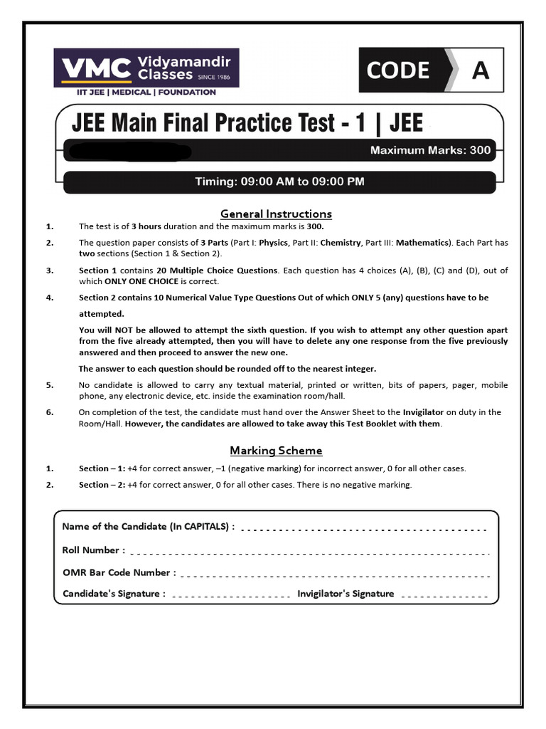 JEE Main Practice Test Instructions and Format | PDF | Electronvolt | Ozone
