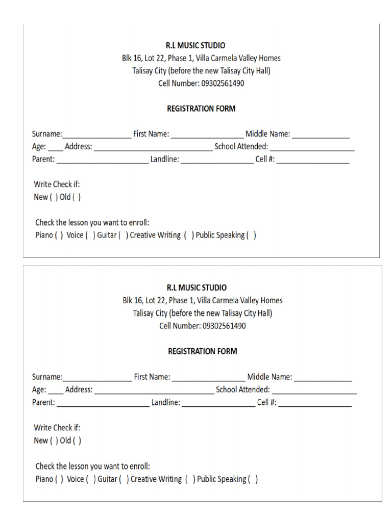 R.L Music Studio Registraion Form | PDF