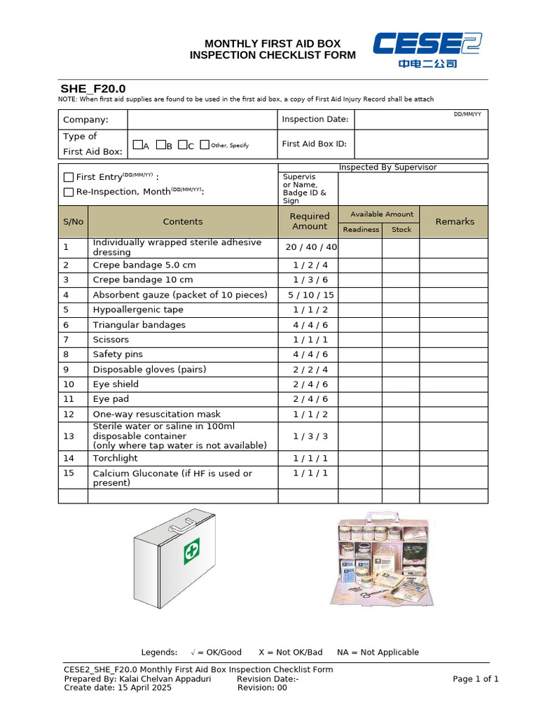 20.Monthly First Aid Box Inspection Checklist Form | PDF