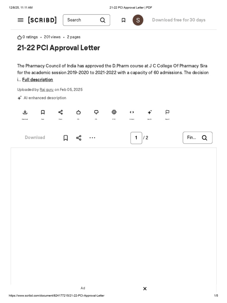 PCI Approval for D.Pharm at J C College | PDF | Scribd