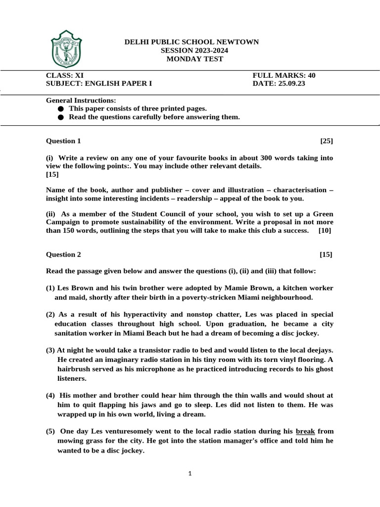 Class XI English Test Paper 2023-24 | PDF | Lionel Messi