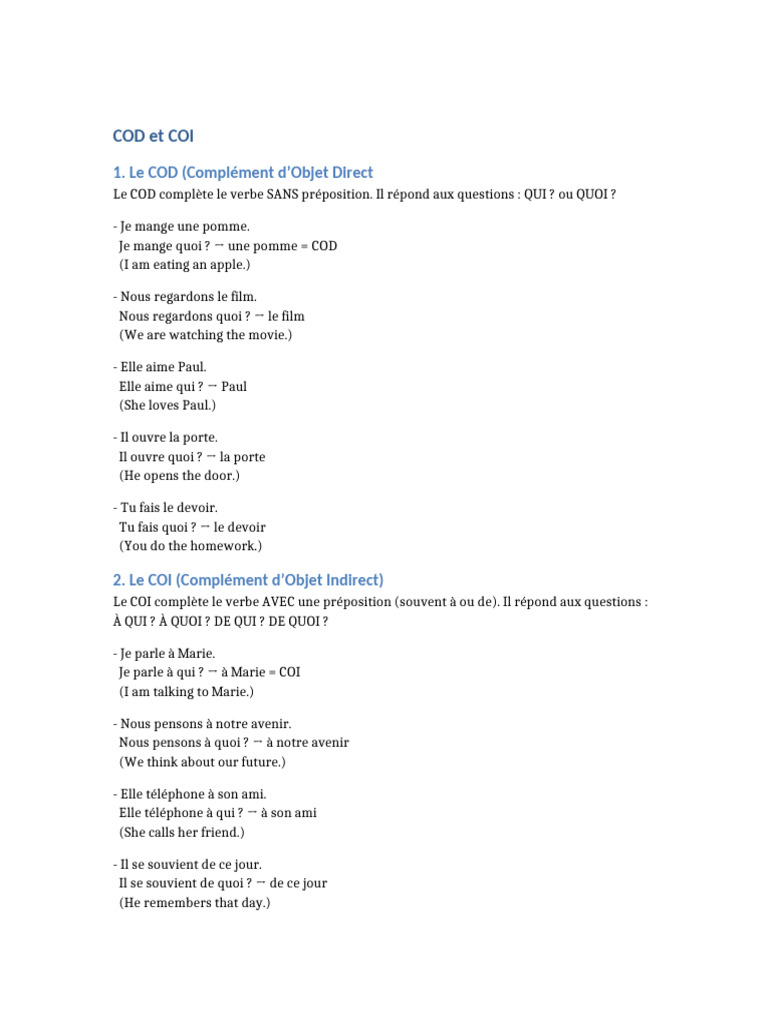 Comprendre COD et COI en français | PDF