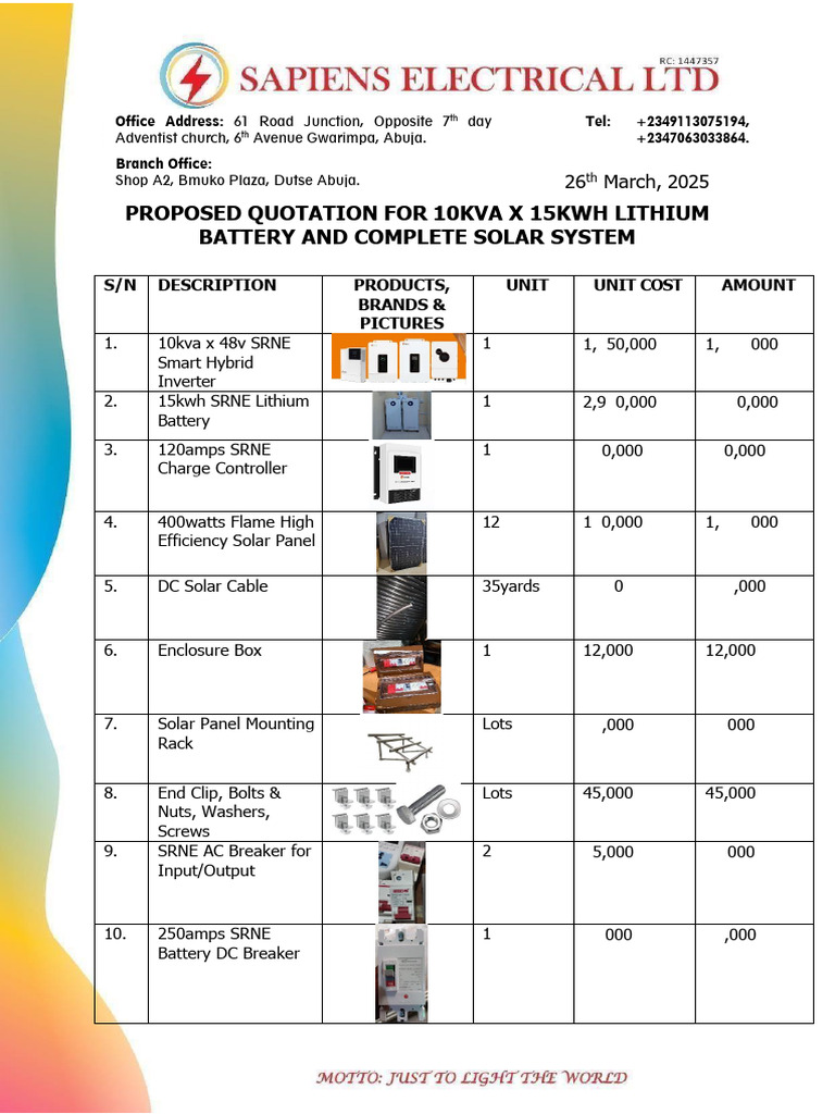 Solar System Quotation: 10KVA Battery Setup | PDF