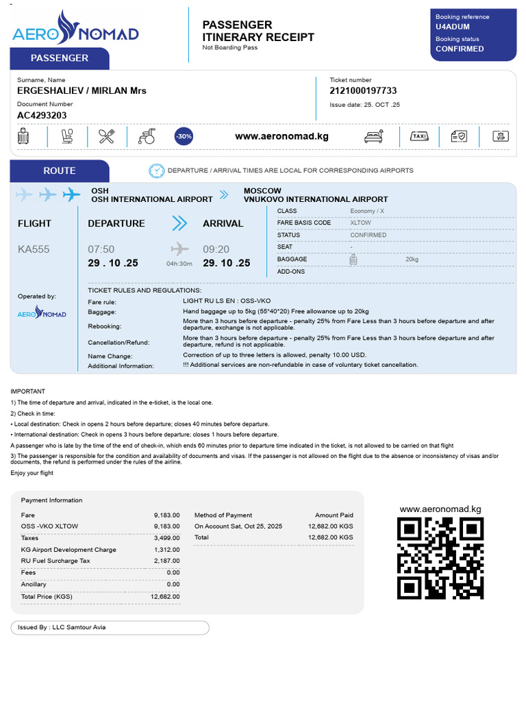 Passenger Itinerary Receipt for Flight KA555 | PDF | Fee | Transport