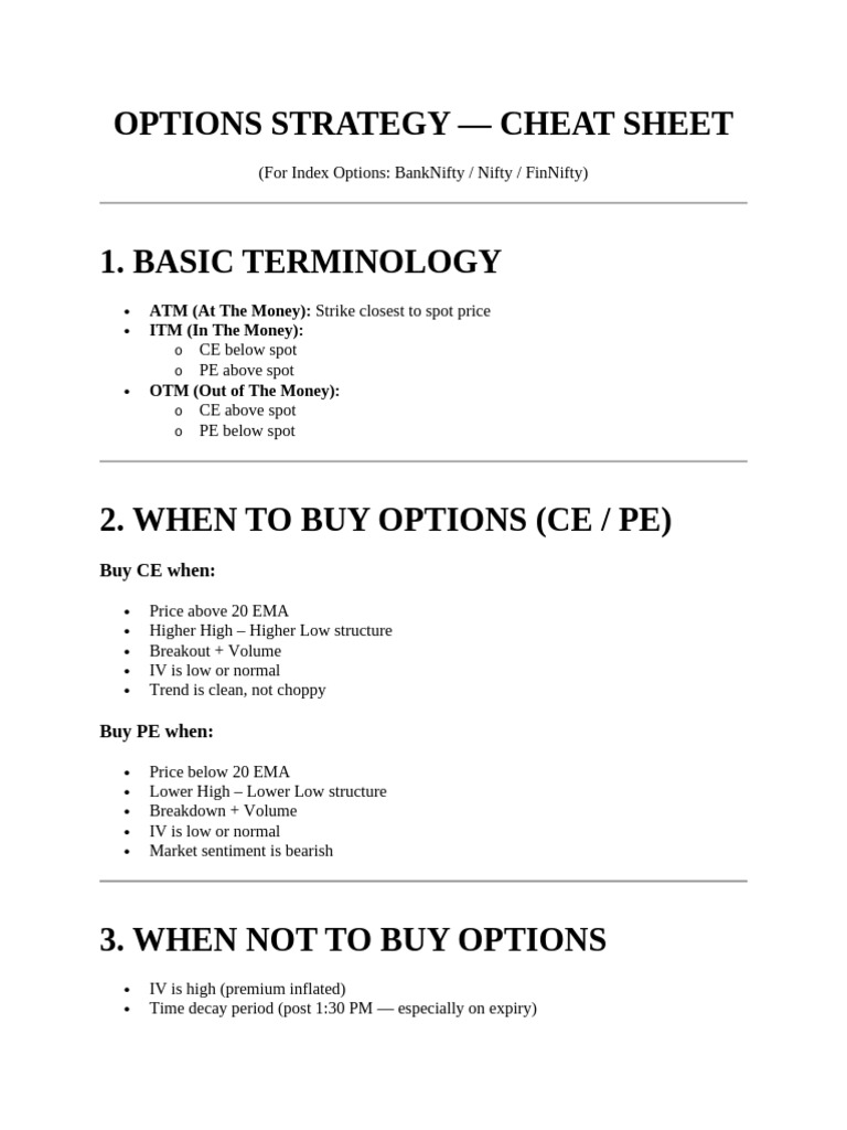 Options Trading Strategies Cheat Sheet | PDF | Private Sector | Investing