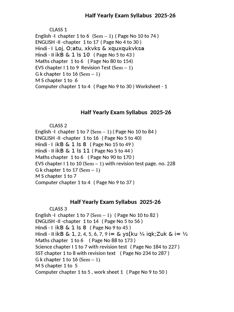 Half Yearly Exam Syllabus 2025-26 | PDF