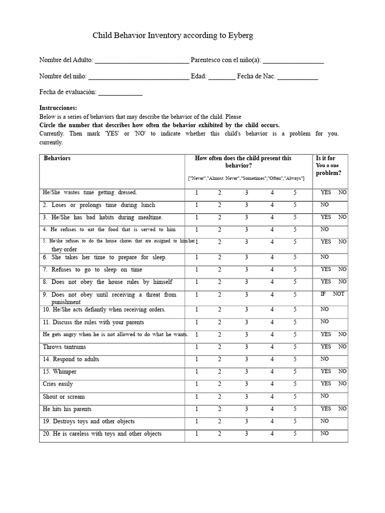 Child Behavior Inventory Assessment Tool | PDF | Human Life Stages ...