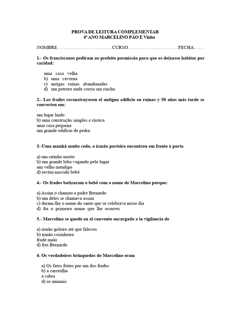 Teste Marcelino Pão e Vinho | PDF