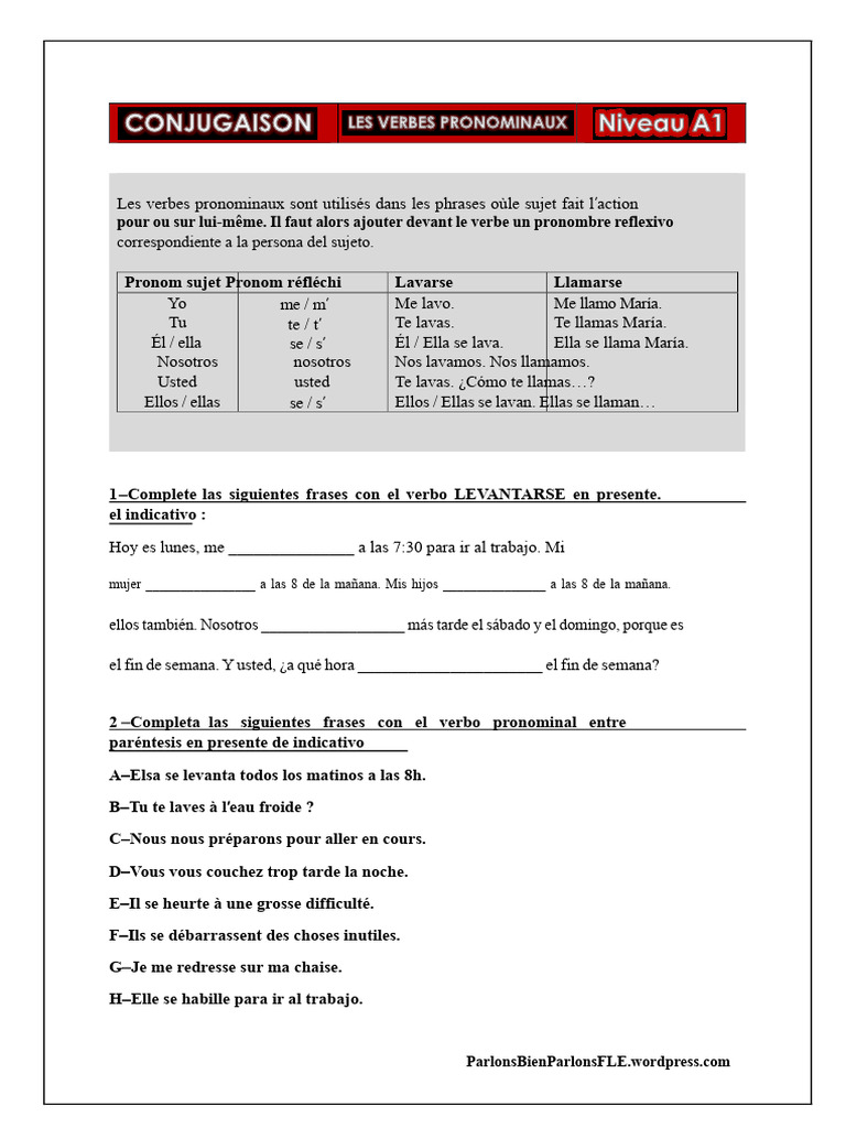 Verbos pronominales en español: guía práctica | PDF | Pronombre ...