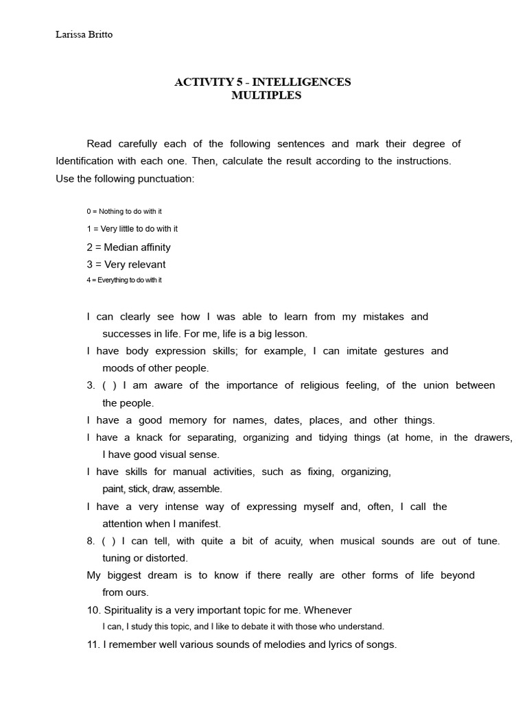 Multiple Intelligences Assessment Tool | PDF | Cognition ...