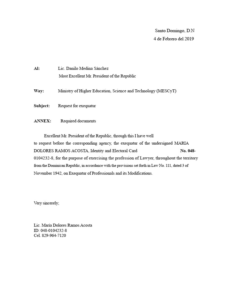 Letter Requesting Exequatur | PDF | Identity Document | Birth Certificate