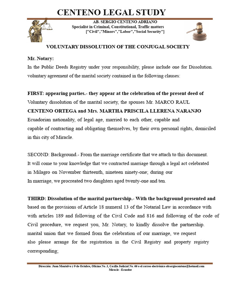 Minutes of Voluntary Dissolution of The Marital Partnership | PDF ...