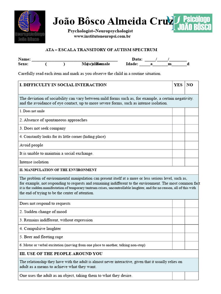 Autism Spectrum Disorder Assessment Tool | PDF | Autism | Psychological ...