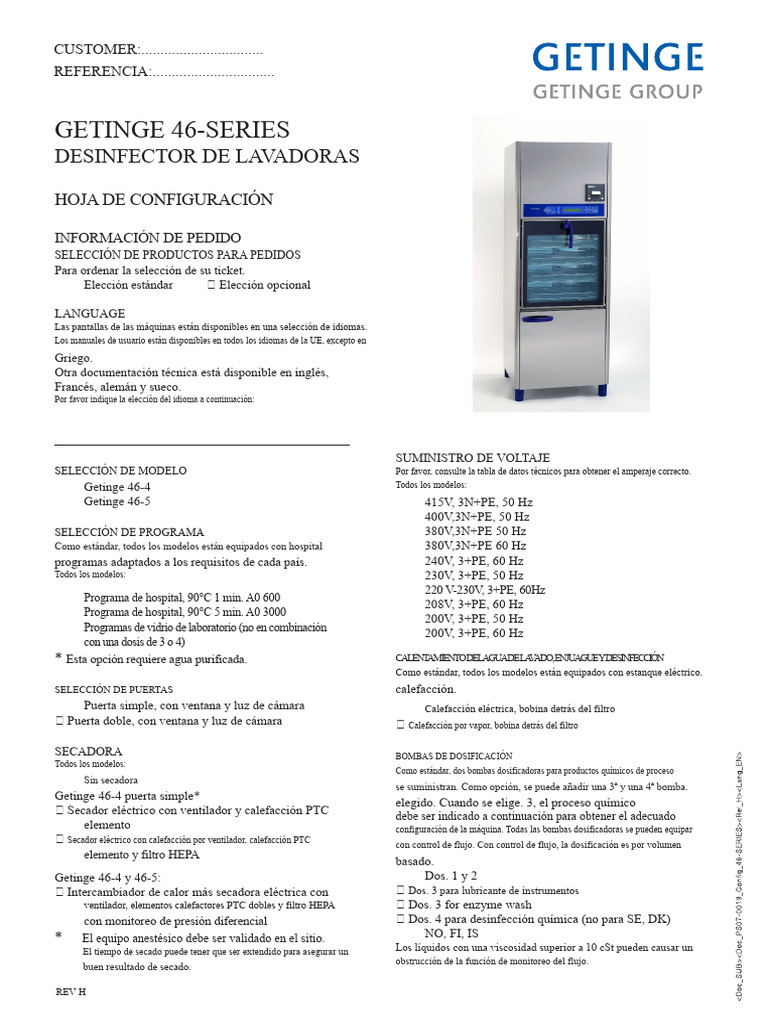 Desinfectores de Lavadoras Getinge 46-Series | PDF | Agua | Lavadora