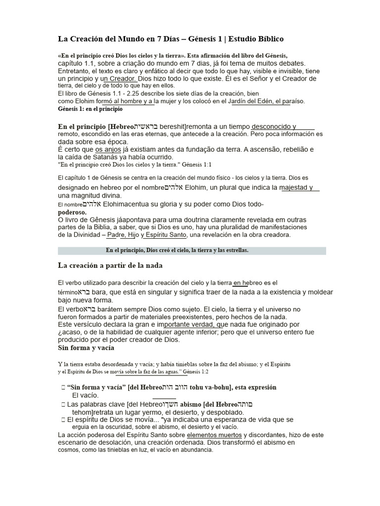 Creación del Mundo en 7 Días: Génesis 1 | PDF | Narrativa de la ...