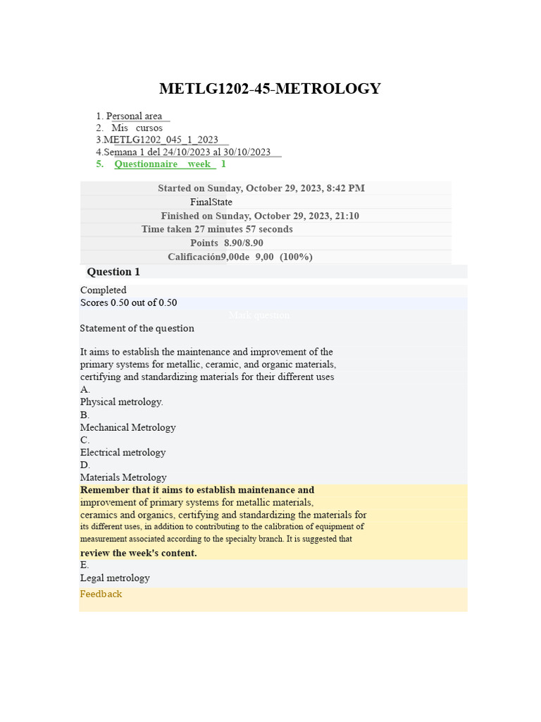 Metrology Course Overview and Quiz Results | PDF | Metrology | Measurement