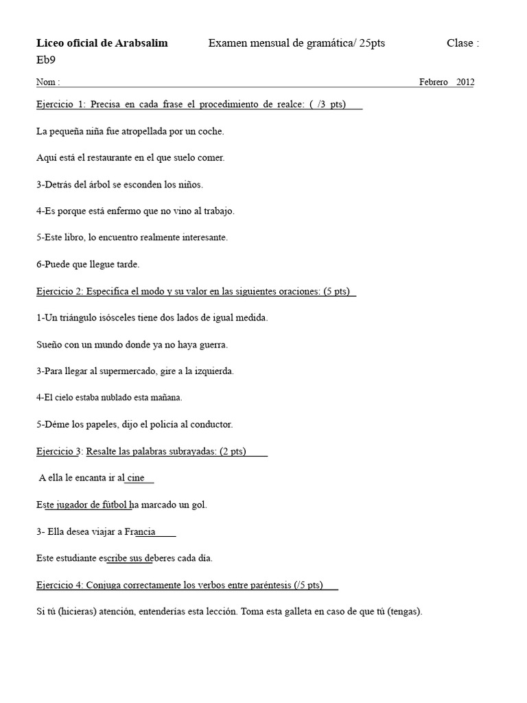 Examen Mensual de Gramática - Eb9 | PDF