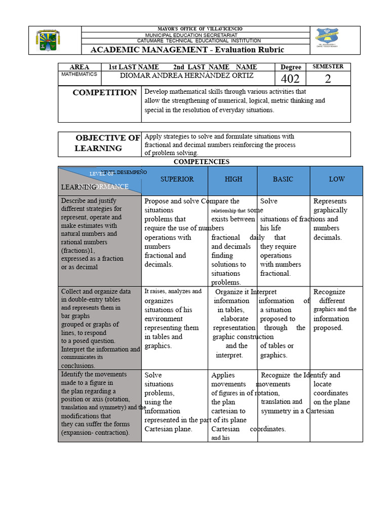 RUBRIC MATH GRADE 4 II TERM | PDF | Mathematics | Cartesian Coordinate ...
