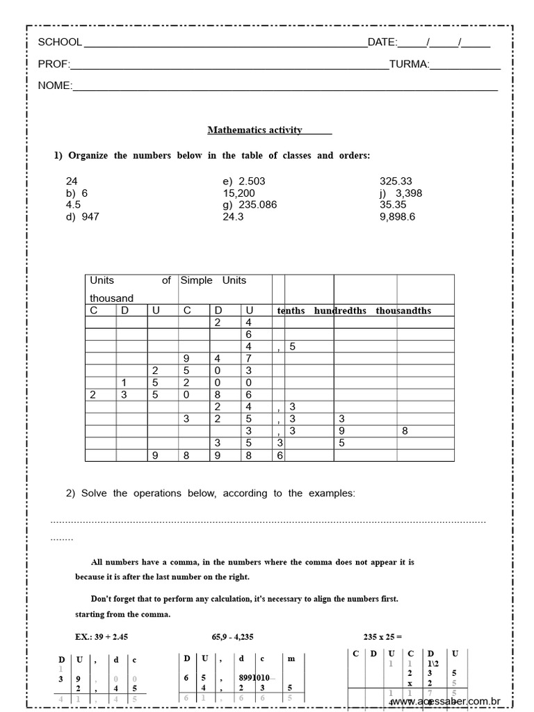 Mathematics Activity Decimal Numbers and Percentage 5th Grade | PDF ...
