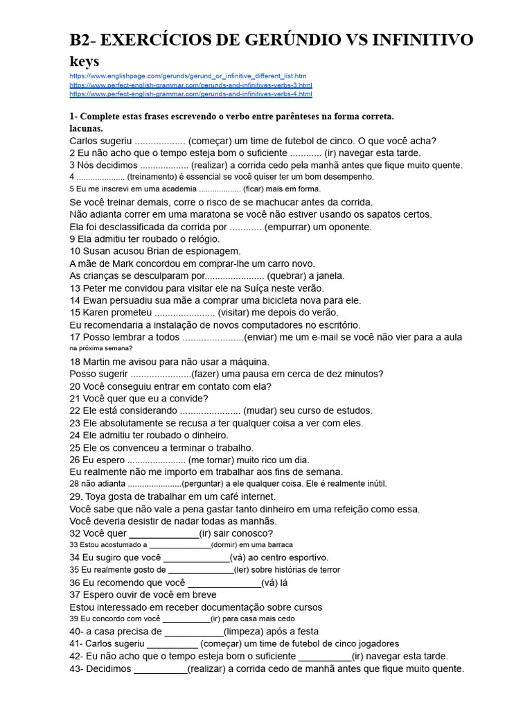 Exercícios de Gerúndio e Infinitivo | PDF
