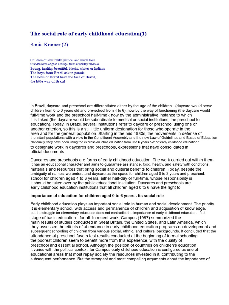 Social Role of Early Childhood Education | PDF | Child Care | Early ...