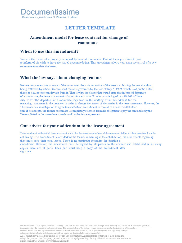 Lease Amendment for Roommate Change | PDF | Lease | Leasehold Estate