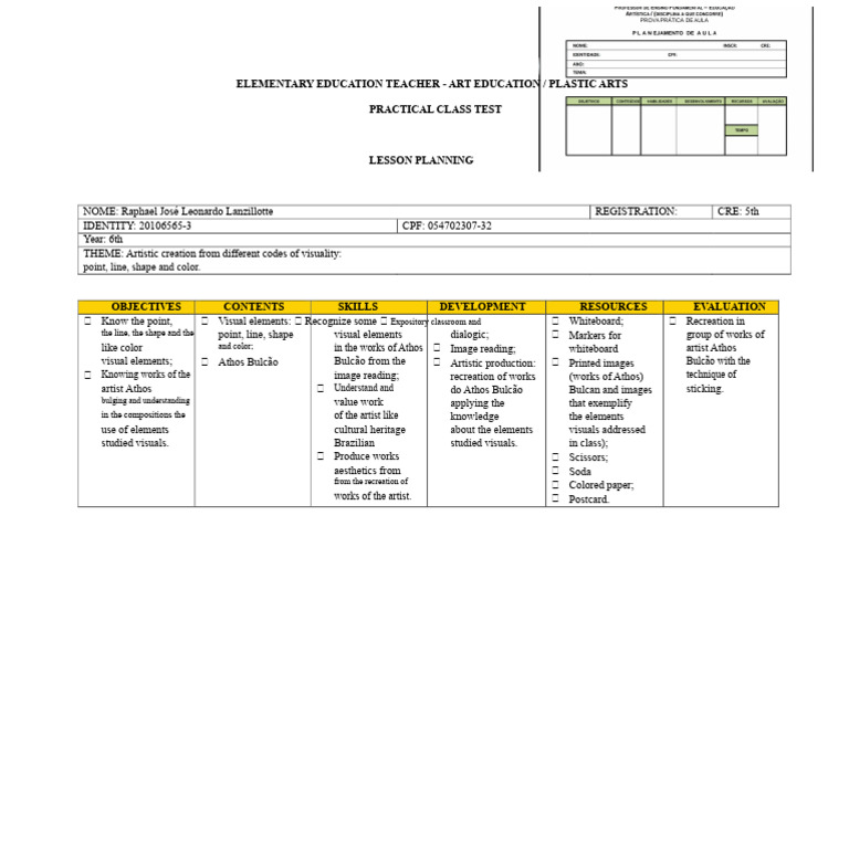 Art Education Lesson Plan: Visual Elements | PDF | Lesson Plan ...