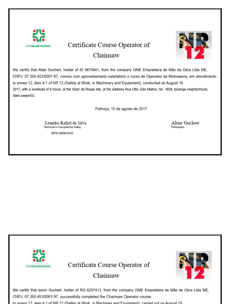 Chainsaw Operator Course Certification | PDF | Occupational Safety And ...