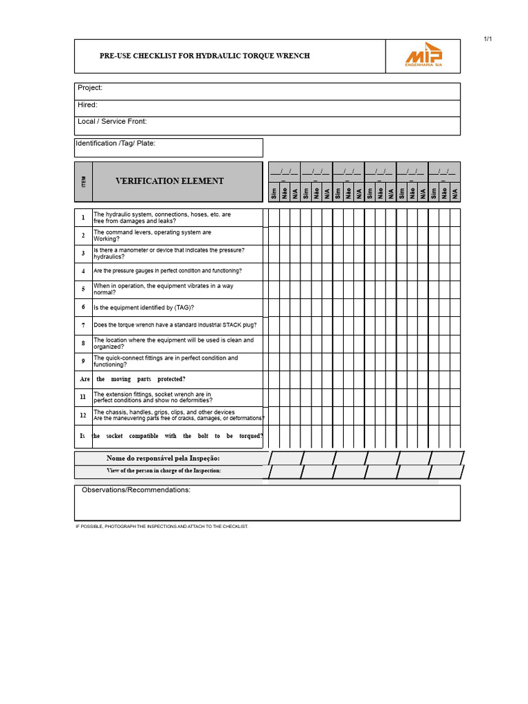 Hydraulic Torque Wrench Pre-Use Checklist | PDF