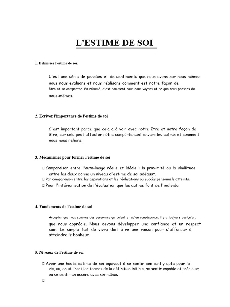 Comprendre l'estime de soi et ses impacts | PDF | Apprentissage ...