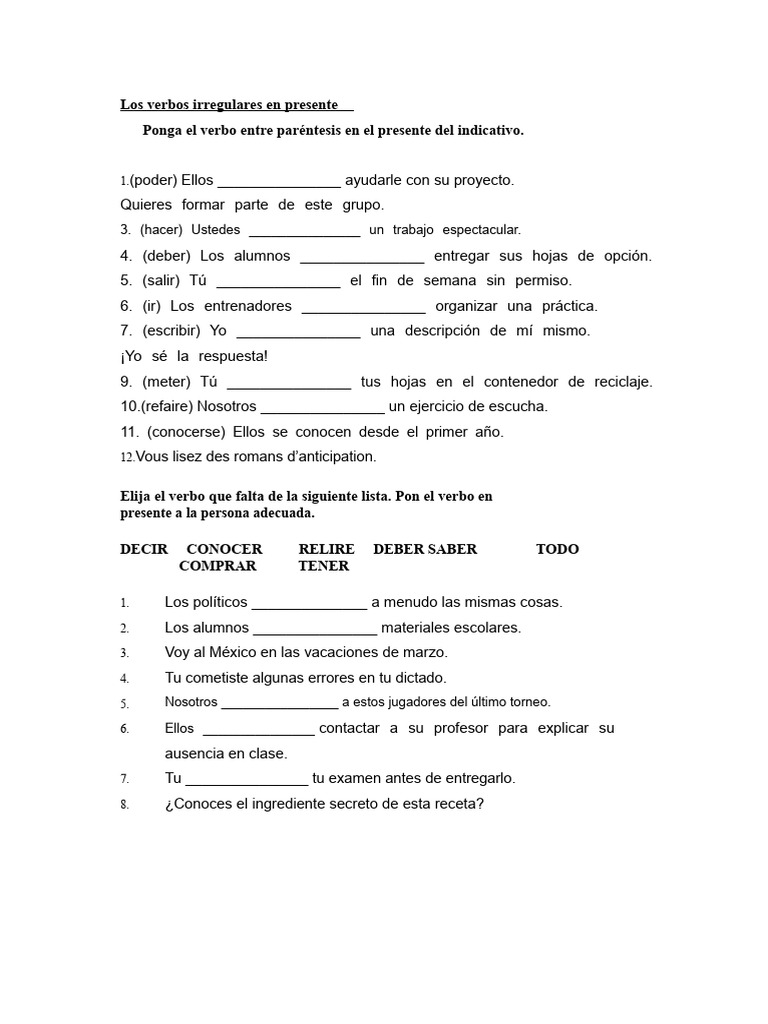 Verbos Irregulares en Presente: Ejercicios | PDF