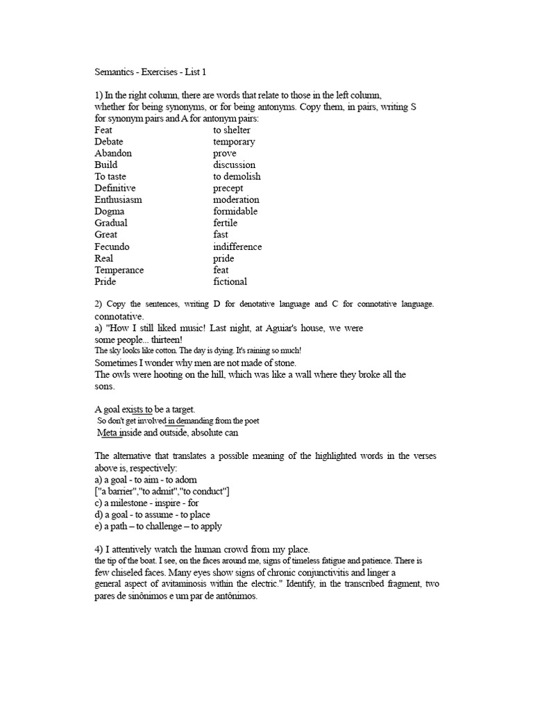 Semantics Exercises: Synonyms and Antonyms | PDF | Semantics