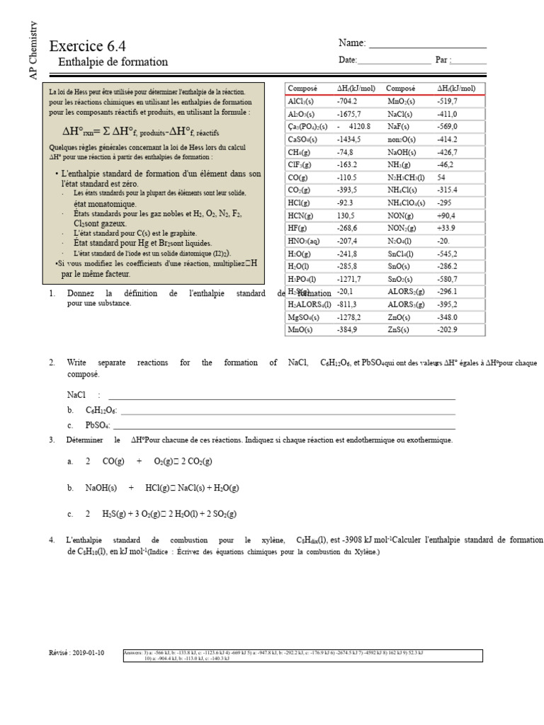 Enthalpies de formation et loi de Hess | PDF | Chimie physique | Génie ...