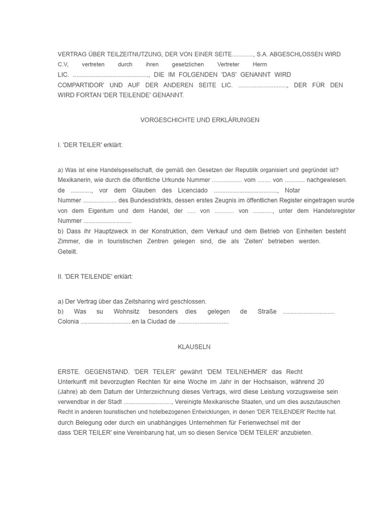 Vertrag Über Teilzeitnutzung | PDF
