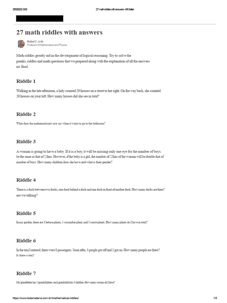 27 Engaging Math Riddles with Answers | PDF | Mathematics