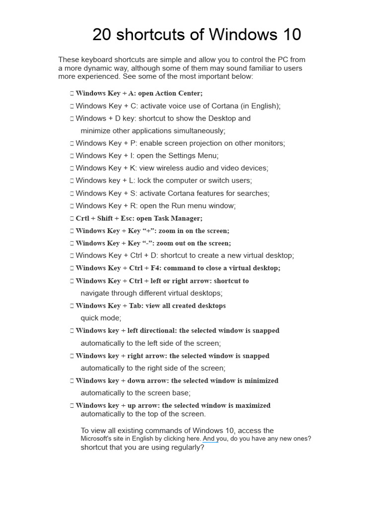 20 Shortcuts of Windows 10 | PDF