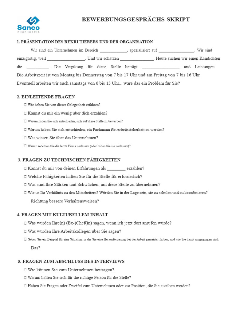 Interview Script For Job - Sanco | PDF